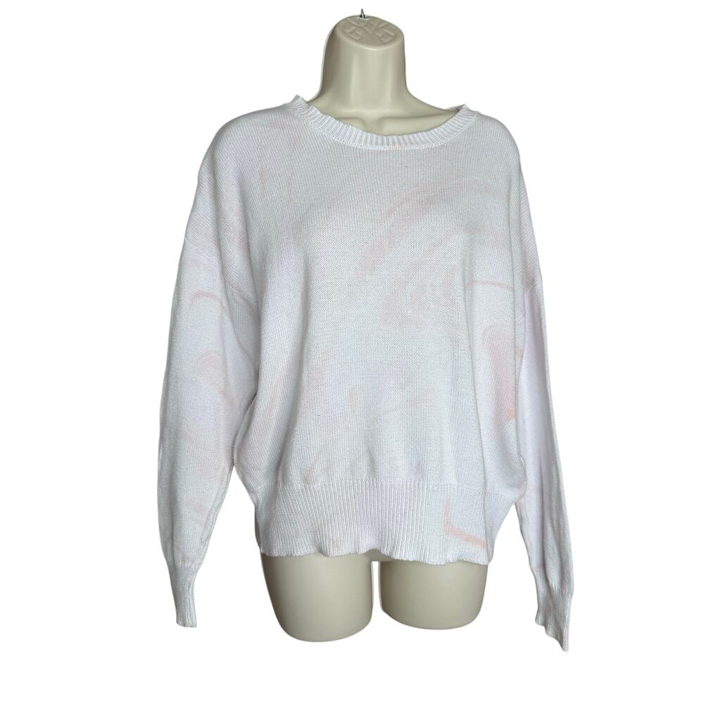 Metric Knits White With Subtle Peach Design Crew Neck Sweater M NWOT